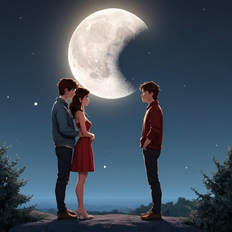Pode incluir: Ilustra&ccedil;&atilde;o de tr&ecirc;s pessoas sob uma grande lua num c&eacute;u estrelado. Uma pessoa est&aacute; virada para as outras duas, que se abra&ccedil;am. A pessoa do meio usa um vestido vermelho. Cena rom&acirc;ntica.