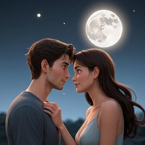 Pode incluir: Ilustra&ccedil;&atilde;o digital de um casal olhando um para o outro sob a lua cheia. O homem usa uma camisa cinza e a mulher usa um top azul claro com al&ccedil;as finas. O c&eacute;u noturno &eacute; azul escuro com estrelas.
