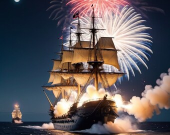 Navio britânico e navios americanos sob o céu noturno
