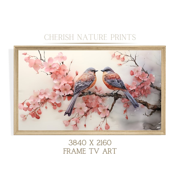 Birds on a Cherry Tree Frame Tv Art | Cherry Blossoms Tv Art | Korean Ink Wash Painting | Bird Painting | Samsung TV Art