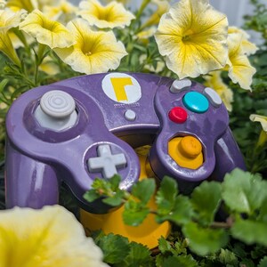 May include: A purple video game controller featuring a white and yellow logo on the centre, a grey analogue stick, a grey directional pad, a red button, a green button, and a yellow analogue stick, nestled among yellow flowers and green leaves.