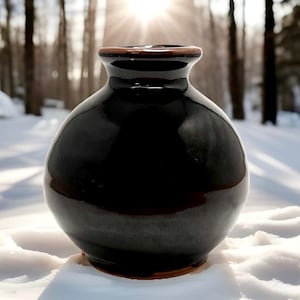 May include: A glossy, dark brown ceramic vase with a rounded body and a narrow neck. The rim and base have a contrasting brown color. The vase is sitting in the snow, with a blurred forest background and sunlight.