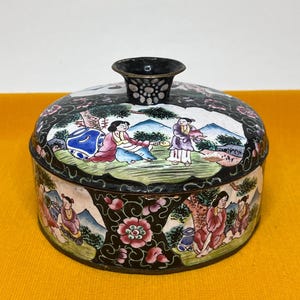 Antique Cloisonné Lidded Jar. Enamel Painting, Ladies Playing Go in a Meadow. 20th C