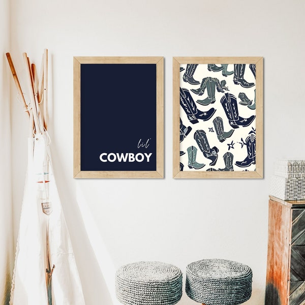 Western Cowboy Boots Art, Blue Green Typography Poster, Child Nursery Poster, Cowboy Pattern Print, Digital Download, Gift for Son Boy