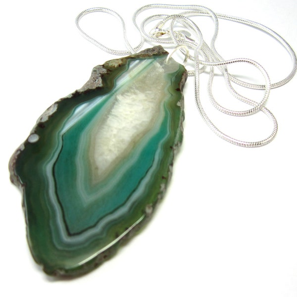 Green Agate Geode Slice Pendant with 30 Inch Silver Snake Chain