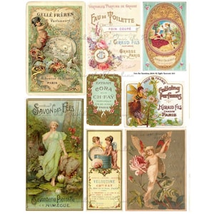 Può includere: Una collezione di etichette vintage di profumi e saponi. Le etichette presentano disegni ornati, cherubini, fate, elementi floreali e testo francese. La tavolozza dei colori include verdi, rosa e oro, evocando un senso di nostalgia ed eleganza.