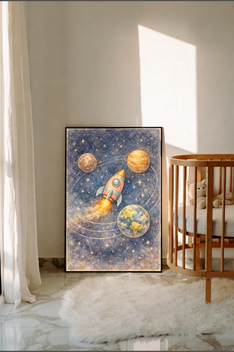 Solar System Rocket Nursery Print, Watercolor Planets Wall Art | Space ...
