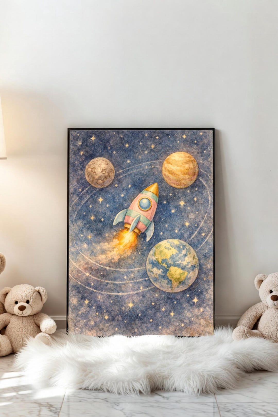 Solar System Rocket Nursery Print, Watercolor Planets Wall Art | Space ...