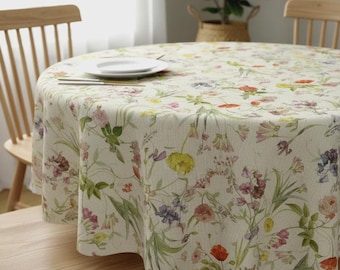 Round Soft Pastel Floral Tablecloth , Floral Flowers Blossom Table Cloth  , Round Oval Rectangle . Handmade UK