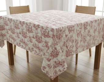 Red Toile De Jouy Tablecloth, French Vintage Style, Handmade