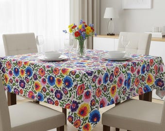 Scandi Floral Tablecloth, Colorful Cotton Print, Handmade in UK