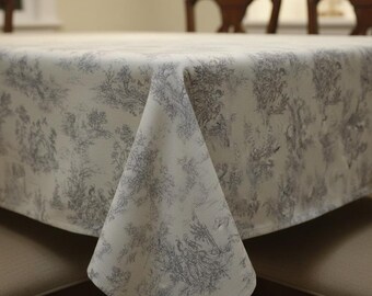 Vintage Grey Toile De Jouy Tablecloth, French Country Cotton Blend