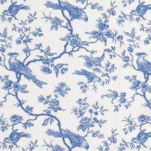 Tafelkleed Toile de Jouy vogels, koningsblauw gebloemd tafelkleed gebroken wit, rond tafelkleed, ovaal tafelkleed, rechthoekig tafelkleed
