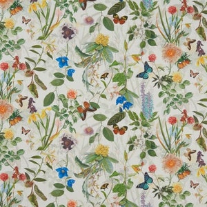 May include: A white background with a repeating pattern of colourful flowers, butterflies, and leaves. The pattern is a whimsical and vibrant design.