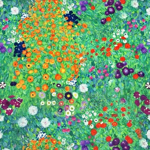 Op de afbeelding: Een levendig schilderij van een bloemenveld in verschillende kleuren, waaronder oranje, geel, rood, paars, wit en blauw. De bloemen zijn geschilderd in een losse, impressionistische stijl, met zichtbare penseelstreken. De achtergrond is een helder groen.