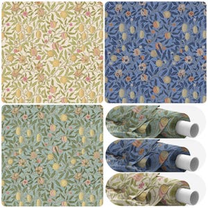 May include: Four fabric swatches with a repeating botanical pattern of lemons, peaches, and leaves in shades of yellow, pink, green, and blue. Three rolls of the fabric are also shown, displaying the same pattern.
