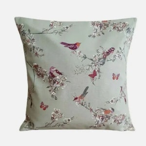 Beautiful Birds Floral Sage Green Cushion Cover  , Throw Pillow , Scatter Cushions , Cushion Cover UK