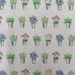 May include: A repeating pattern of watercolor potted plants on a light gray background. The plants include lavender, herbs, and other flowering plants in small, silver-colored pots. The overall design is a botanical theme.