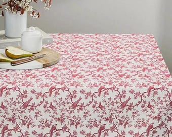 Toile de Jouy Birds Tablecloth , Floral Red Off White Table cloth , Round Oval Rectangle , Handmade UK