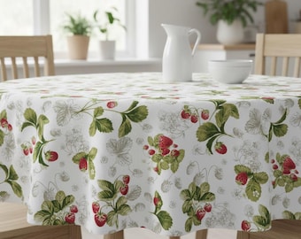 Round Strawberry Print Tablecloth, Handmade Cotton , Square, Oval, Rectangle