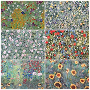 May include: A collage of six different floral paintings. Each painting features a different type of flower, including roses, poppies, sunflowers, and wildflowers. The paintings are all in a similar style, with a focus on detail and colour.