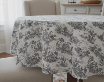 Vintage Black Toile De Jouy Tablecloth: French Country Cotton Blend