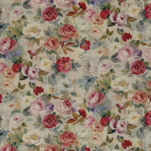 May include: A seamless floral pattern featuring a variety of pink, red, and white roses with green leaves on a beige background.