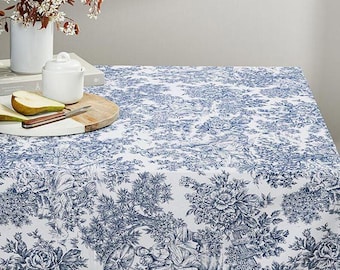 Toile de Jouy Romance Tablecloth , Roses Floral White Blue Table cloth , Round  Oval Rectangle , Handmade UK