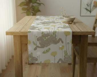 March Hare Natural Table Runner, Easter Bunny Rabbit Dandelion Print, 100% Cotton, Handmade UK