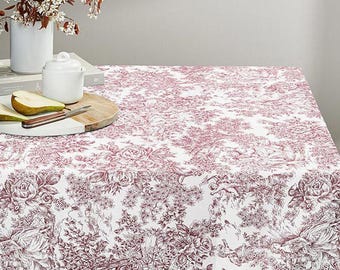 Toile de Jouy Romance Tablecloth , Roses Floral White Carmine Red Table cloth  , Round Oval Rectangle , Handmade Uk