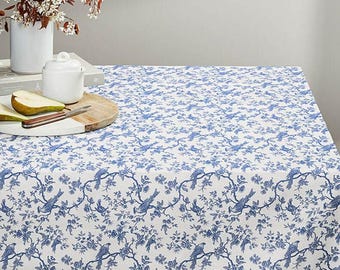Toile de Jouy Birds Tablecloth , Floral Royal Blue Off White Tablecloth , Round Tablecloth , Oval Tablecloth , Rectangle Tablecloth