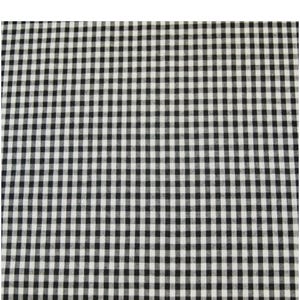 May include: Black and white gingham fabric. The fabric features a classic checkered pattern, with evenly spaced squares in black and white. The pattern is consistent across the entire surface, creating a simple yet visually appealing design. Ideal for various sewing and crafting projects.