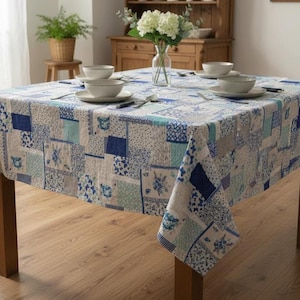 Floral Patchwork Tablecloth, Blue Vintage Cotton Linen