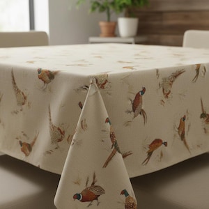 Rustic Pheasant Pattern Beige Tablecloth   , Round Oval Square Rectangle , Handmade UK