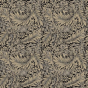 May include: A seamless pattern featuring a repeating design of stylised leaves and flowers in a beige colour on a black background.