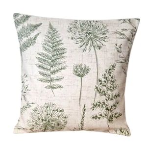 Peut inclure: Un coussin de décoration de couleur crème avec un motif floral vert. Le motif représente des fougères et des fleurs délicates.