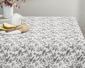 Toile de Jouy Birds Tablecloth , Floral Slate Grey Off White Table cloth , Round Oval Rectangle