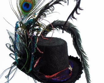 Mini Top HAT Victorian Butterfly Iridescent hat band with Peacock Black Feathers Beads "Lottie"