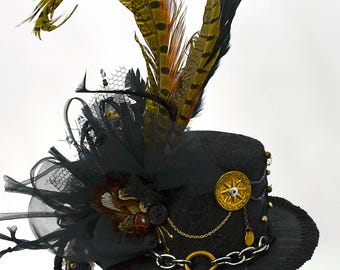 MINI Top HAT Black with Brown Feathers Bohemian, Gothic, Steampunk Chains Metals "Brynn"