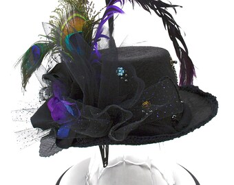 MINI Top HAT "Janie" Victorian Purple Peacock and Black Feathers Party Hat
