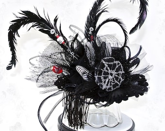 Black Mini Top Hat "Mary" Widow Spider Web Red Beaded Accents