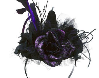 MINI Witch HAT Black Felt with Purple Sparkle Glittered Rose and purple feathers Headband