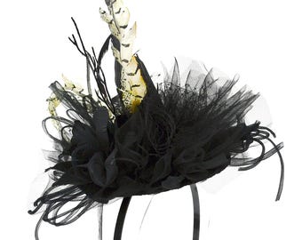 Black Felt MINI Witch HAT with Sparkly Silvery Feather Headband