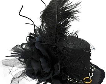 MINI Top HAT Victorian, Black Feathers, Gothic Hat with Chain "Jemma"