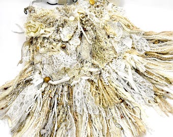 Large Boho Hippie Fringe and Beaded Cream, White, Crossbody Handbag