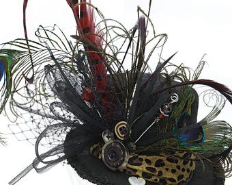 Mini Black Top HAT "Wild One" Animal Print, Red, Peacock Feathers