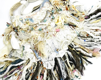 Boho Hippie Fringe Large Blue Stones, Beads, Cream, White, Multi-color Crossbody Handbag