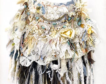 Boho Hippie Fringe Large Blue Stones, Beads, Cream, White, Multi-color Crossbody Handbag