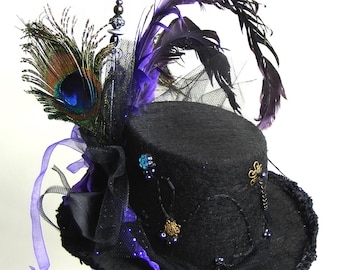 MINI Top HAT "Janie" Victorian Purple Peacock and Black Feathers Party Hat
