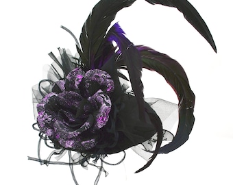 MINI Witch HAT Black Felt with Purple Sparkle Glittered Rose and purple feathers Hairclip